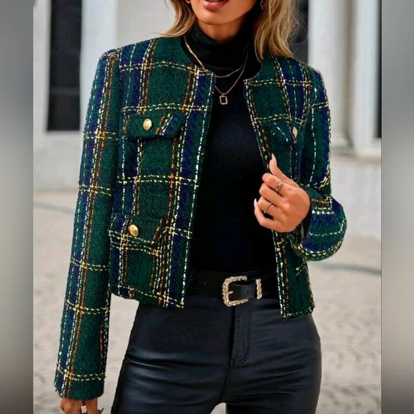 New Luxe Plaid Tweed Jacket Blazer Navy Blue Green White
